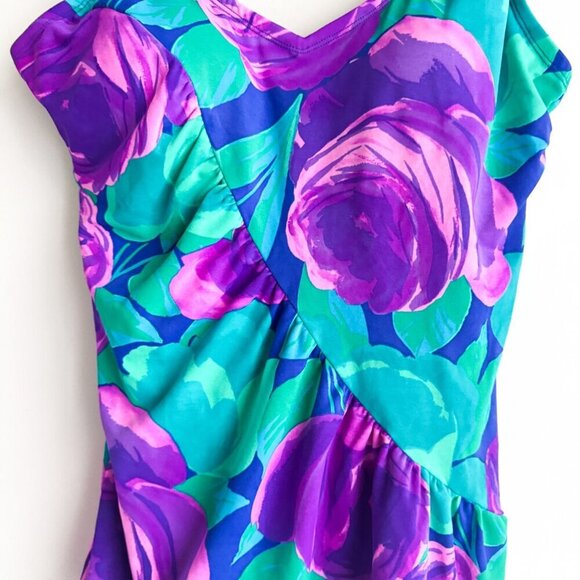 Vintage Blue Surf Floral Teal Purple One Piece  Modest Swimsuit 42/L - Picture 4 of 8